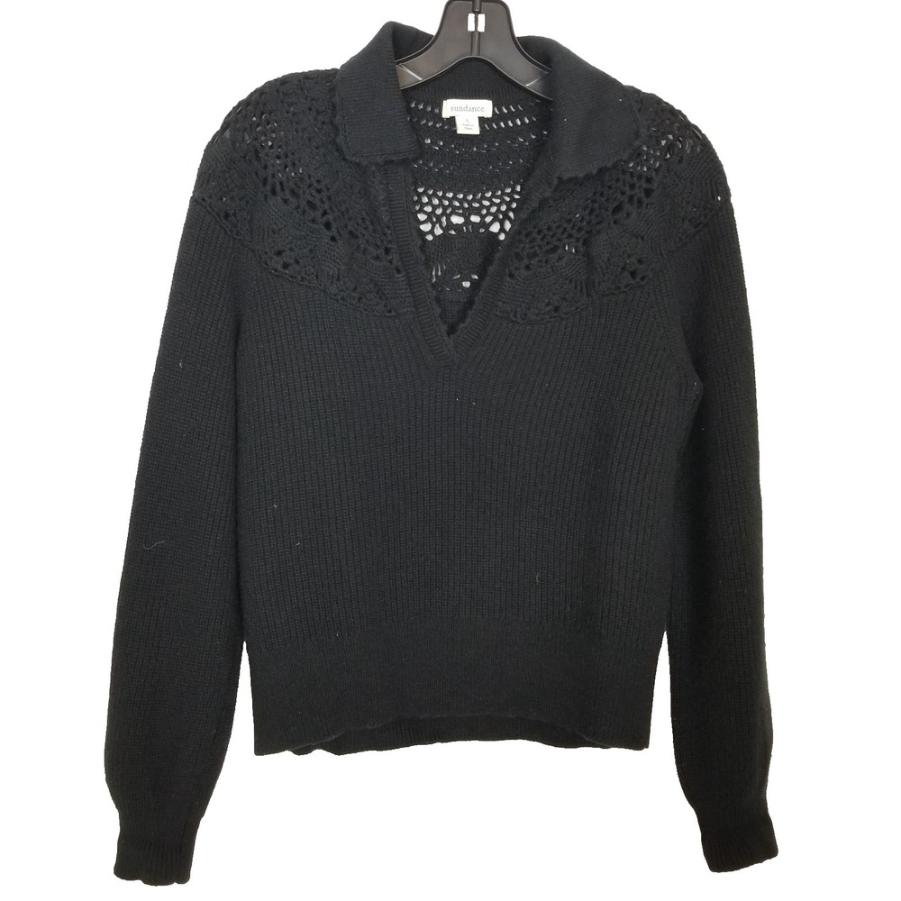 Sundance Women Wool Blend Crochet Details Sweater Sz S Black V Neck Boho